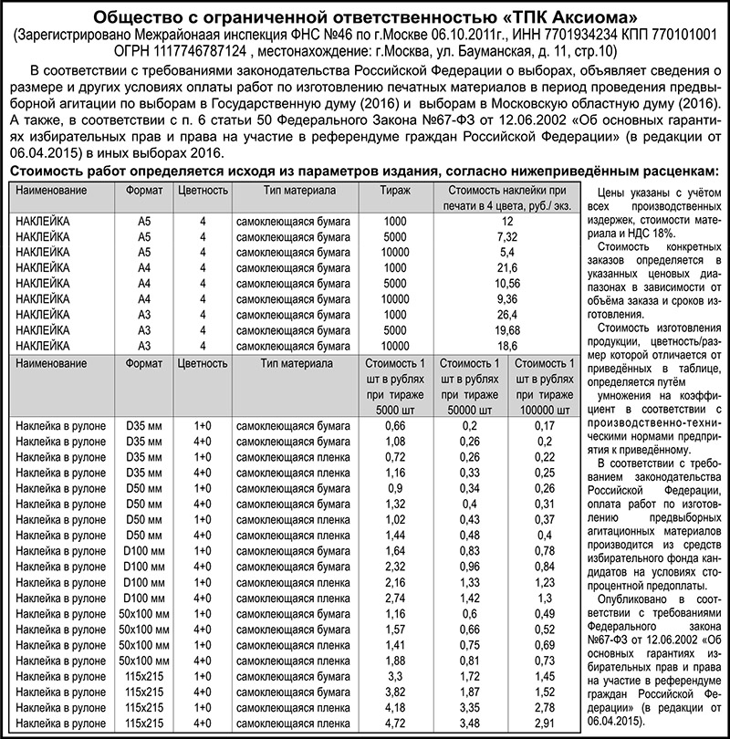 Информация о расценках на предвыборную рекламу